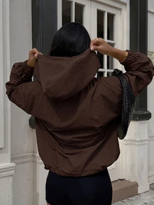 Muchica Chocolate Brown Casual Plus Size Women's Dropped Shoulder Long Sleeve Hooded Jacket Fall - Chocolate Brown - View 2