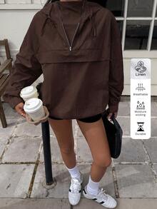 Muchica Chocolate Brown Casual Plus Size Women's Dropped Shoulder Long Sleeve Hooded Jacket Fall - Chocolate Brown - View 4