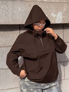 Muchica Chocolate Brown Casual Plus Size Women's Dropped Shoulder Long Sleeve Hooded Jacket Fall - Chocolate Brown - View 7