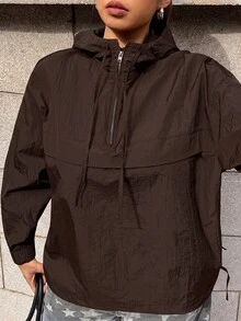 Muchica Chocolate Brown Casual Plus Size Women's Dropped Shoulder Long Sleeve Hooded Jacket Fall - Chocolate Brown - View 3