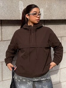 Muchica Chocolate Brown Casual Plus Size Women's Dropped Shoulder Long Sleeve Hooded Jacket Fall - Chocolate Brown - View 9