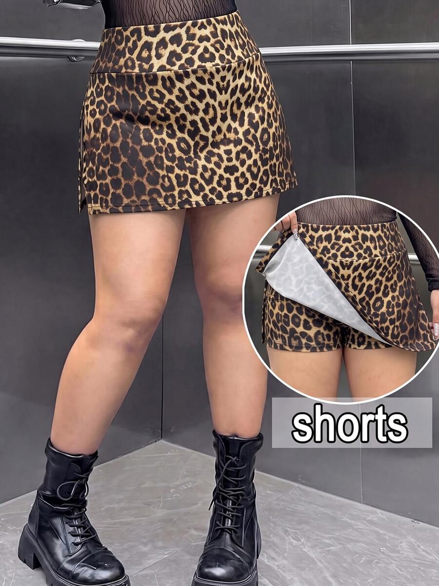 Muchica Plus Size Women Leopard Print Casual Versatile Mini Skirt Fall - Brown - View 1