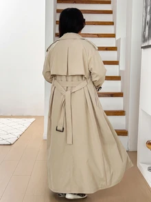 SHEIN EZwear 大尺碼女款春夏/秋冬鈕扣長袖風衣 - 杏色 - 查看 2
