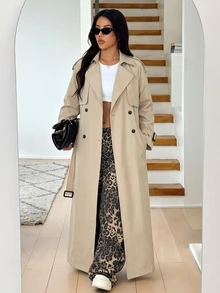 SHEIN EZwear 大尺碼女款春夏/秋冬鈕扣長袖風衣 - 杏色 - 查看 4