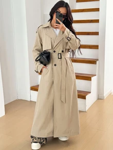 SHEIN EZwear 大尺碼女款春夏/秋冬鈕扣長袖風衣 - 杏色 - 查看 5