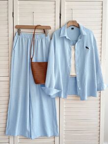 Solflare Light Blue Casual Shirt And Pants 2 Pieces Set, Embroidered Horse Design, Loose Fit, Plus Size, Old Money Style, Suitable For Outings, Daily Wear, Gatherings And Home - Baby Blue - View 10