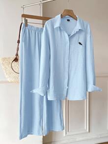 Solflare Light Blue Casual Shirt And Pants 2 Pieces Set, Embroidered Horse Design, Loose Fit, Plus Size, Old Money Style, Suitable For Outings, Daily Wear, Gatherings And Home - Baby Blue - View 11