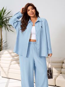 Solflare Light Blue Casual Shirt And Pants 2 Pieces Set, Embroidered Horse Design, Loose Fit, Plus Size, Old Money Style, Suitable For Outings, Daily Wear, Gatherings And Home - Baby Blue - View 9