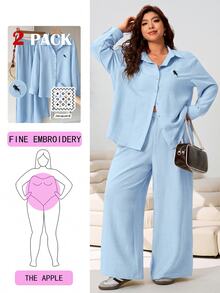 Solflare Light Blue Casual Shirt And Pants 2 Pieces Set, Embroidered Horse Design, Loose Fit, Plus Size, Old Money Style, Suitable For Outings, Daily Wear, Gatherings And Home - Baby Blue - View 8