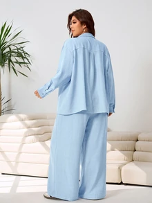 Solflare Light Blue Casual Shirt And Pants 2 Pieces Set, Embroidered Horse Design, Loose Fit, Plus Size, Old Money Style, Suitable For Outings, Daily Wear, Gatherings And Home - Baby Blue - View 2