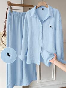 Solflare Light Blue Casual Shirt And Pants 2 Pieces Set, Embroidered Horse Design, Loose Fit, Plus Size, Old Money Style, Suitable For Outings, Daily Wear, Gatherings And Home - Baby Blue - View 1