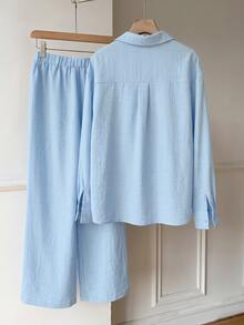 Solflare Light Blue Casual Shirt And Pants 2 Pieces Set, Embroidered Horse Design, Loose Fit, Plus Size, Old Money Style, Suitable For Outings, Daily Wear, Gatherings And Home - Baby Blue - View 4