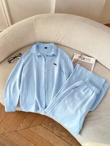Solflare Light Blue Casual Shirt And Pants 2 Pieces Set, Embroidered Horse Design, Loose Fit, Plus Size, Old Money Style, Suitable For Outings, Daily Wear, Gatherings And Home - Baby Blue - View 12