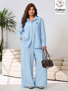 Solflare Light Blue Casual Shirt And Pants 2 Pieces Set, Embroidered Horse Design, Loose Fit, Plus Size, Old Money Style, Suitable For Outings, Daily Wear, Gatherings And Home - Baby Blue - View 3