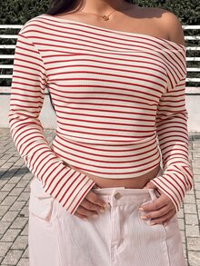 GalTyme Plus Size Street Fashion Versatile Striped Colorblock Long Sleeve T-Shirt Fall - Red and White - View 6