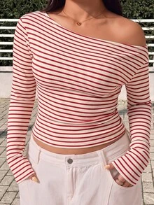 GalTyme Plus Size Street Fashion Versatile Striped Colorblock Long Sleeve T-Shirt Fall - Red and White - View 1