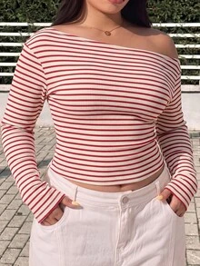 GalTyme Plus Size Street Fashion Versatile Striped Colorblock Long Sleeve T-Shirt Fall - Red and White - View 7