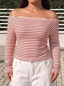 GalTyme Plus Size Street Fashion Versatile Striped Colorblock Long Sleeve T-Shirt Fall - Red and White - View 4