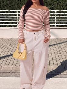 GalTyme Plus Size Street Fashion Versatile Striped Colorblock Long Sleeve T-Shirt Fall - Red and White - View 8