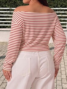 GalTyme Plus Size Street Fashion Versatile Striped Colorblock Long Sleeve T-Shirt Fall - Red and White - View 2