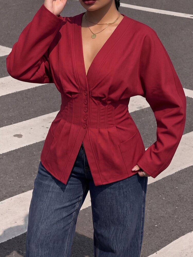 Muchica Burgundy Casual Plus Size Women's Batwing Long Sleeve Single-Breasted Jacket Fall - Burgundy - View 3