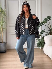 SHEIN EZwear Plus Size Women's Polka Dot Casual Versatile Daily Long Sleeve Jacket Fall - Black and White - View 7