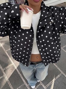 SHEIN EZwear Plus Size Women's Polka Dot Casual Versatile Daily Long Sleeve Jacket Fall - Black and White - View 1