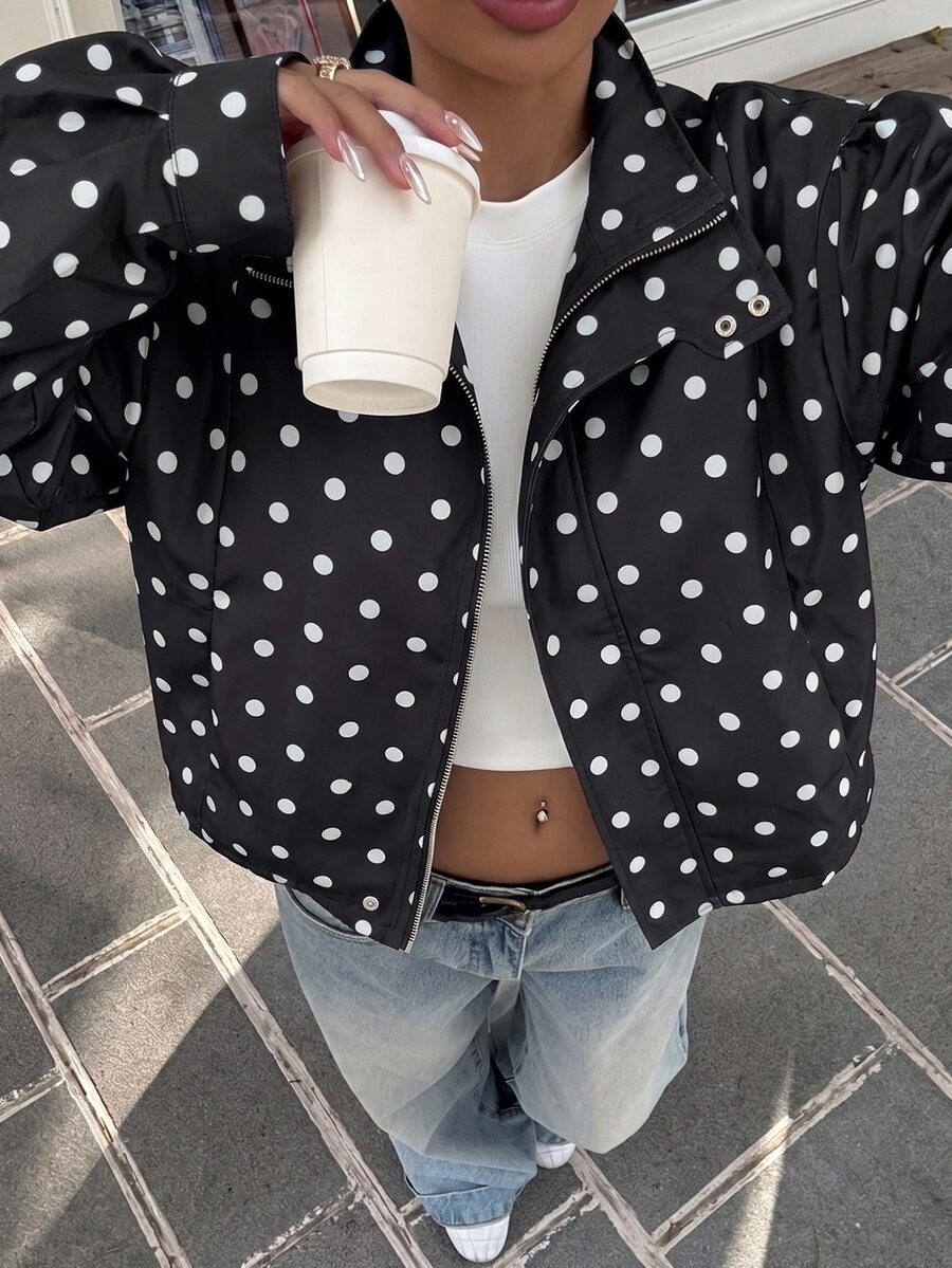 SHEIN EZwear Plus Size Women's Polka Dot Casual Versatile Daily Long Sleeve Jacket Fall - Black and White - View 1