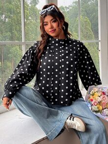 SHEIN EZwear Plus Size Women's Polka Dot Casual Versatile Daily Long Sleeve Jacket Fall - Black and White - View 6