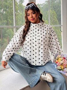 SHEIN EZwear Plus Size Women's Polka Dot Casual Versatile Daily Long Sleeve Jacket - White - View 6