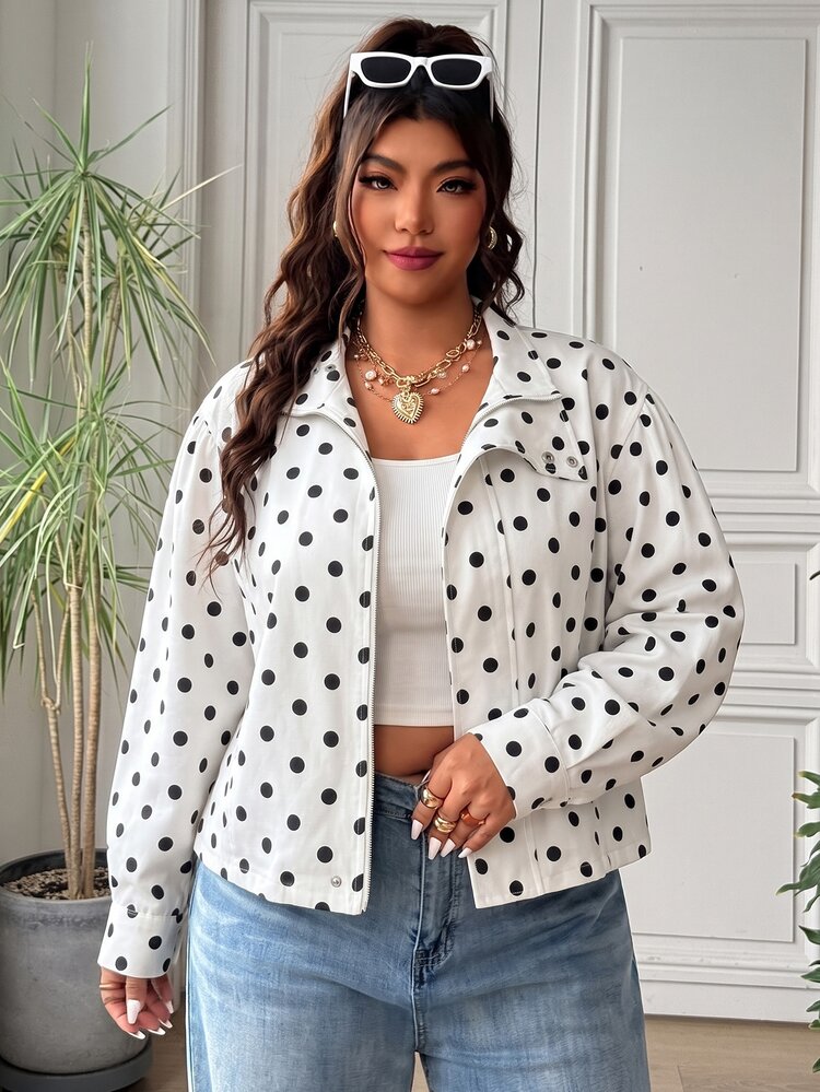 SHEIN EZwear Plus Size Women's Polka Dot Casual Versatile Daily Long Sleeve Jacket - White - View 5