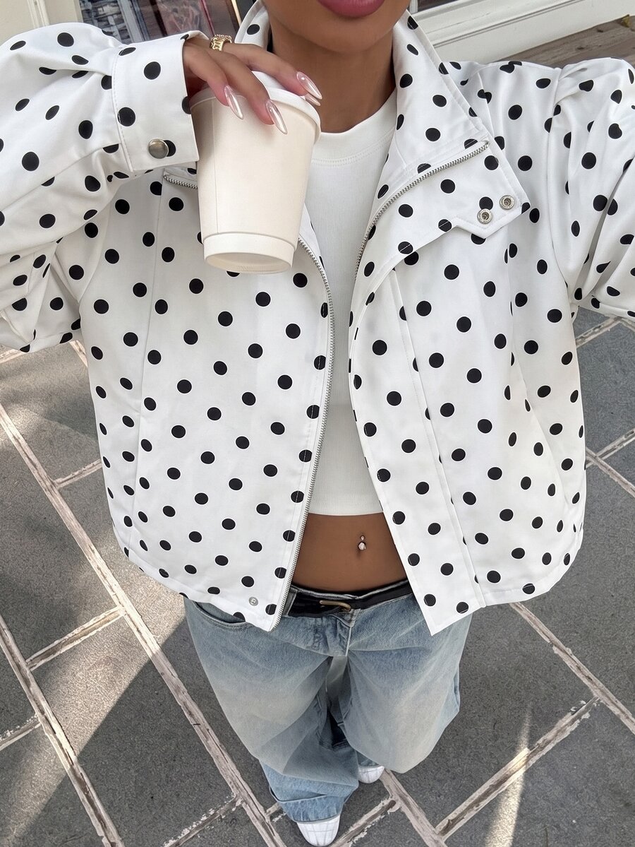 SHEIN EZwear Plus Size Women's Polka Dot Casual Versatile Daily Long Sleeve Jacket - White - View 1