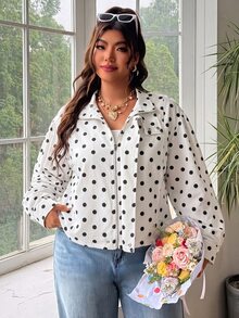 SHEIN EZwear Plus Size Women's Polka Dot Casual Versatile Daily Long Sleeve Jacket - White - View 4