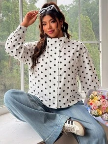 SHEIN EZwear Plus Size Women's Polka Dot Casual Versatile Daily Long Sleeve Jacket - White - View 7