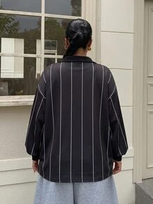 Muchica Plus Size Women's Contrast Color Letter Print Long Sleeve Polo Collar Casual T-Shirt Fall - Black and White - View 2