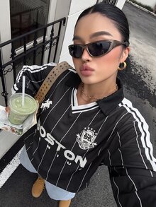 Muchica Plus Size Women's Contrast Color Letter Print Long Sleeve Polo Collar Casual T-Shirt Fall - Black and White - View 6
