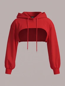 SHEIN EZwear Plus Size Red Knit Cropped Sweatshirt Formal Gym Autumn Baggy Casual Soft Fall - Red - View 3