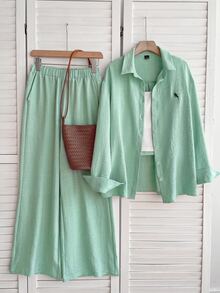 Solflare Women's Long Sleeve Button-Front Shirt And Loose Pants 2 Pieces Set - Mint Green - View 13