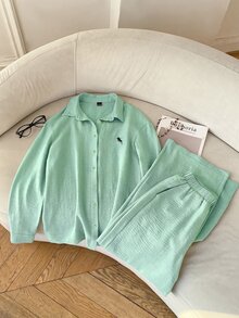 Solflare Women's Long Sleeve Button-Front Shirt And Loose Pants 2 Pieces Set - Mint Green - View 12