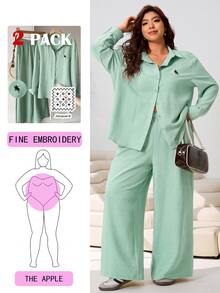 Solflare Women's Long Sleeve Button-Front Shirt And Loose Pants 2 Pieces Set - Mint Green - View 6