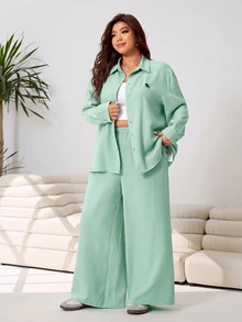 Solflare Women's Long Sleeve Button-Front Shirt And Loose Pants 2 Pieces Set - Mint Green - View 3
