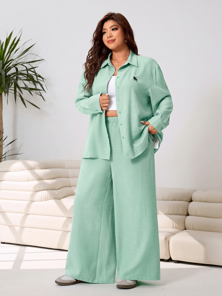 Solflare Women's Long Sleeve Button-Front Shirt And Loose Pants 2 Pieces Set - Mint Green - View 3