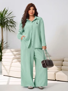 Solflare Women's Long Sleeve Button-Front Shirt And Loose Pants 2 Pieces Set - Mint Green - View 7