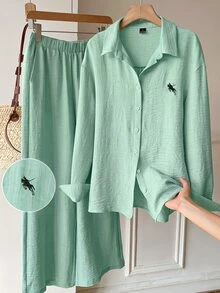 Solflare Women's Long Sleeve Button-Front Shirt And Loose Pants 2 Pieces Set - Mint Green - View 1