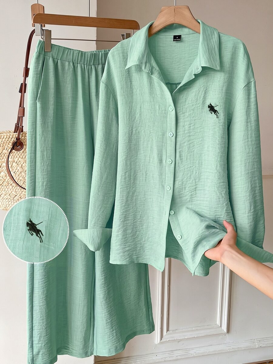 Solflare Women's Long Sleeve Button-Front Shirt And Loose Pants 2 Pieces Set - Mint Green - View 1