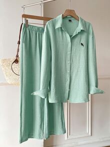 Solflare Women's Long Sleeve Button-Front Shirt And Loose Pants 2 Pieces Set - Mint Green - View 10