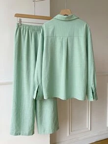 Solflare Women's Long Sleeve Button-Front Shirt And Loose Pants 2 Pieces Set - Mint Green - View 5