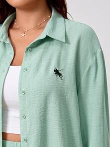 Solflare Women's Long Sleeve Button-Front Shirt And Loose Pants 2 Pieces Set - Mint Green - View 4