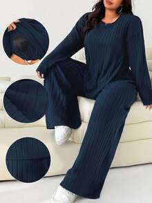 Solflare Plus Size Women Solid Color Round Neck Long Sleeve T-Shirt And Pants Casual 2 Pieces Set - Blue - View 6