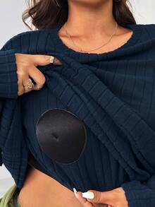 Solflare Plus Size Women Solid Color Round Neck Long Sleeve T-Shirt And Pants Casual 2 Pieces Set - Blue - View 7